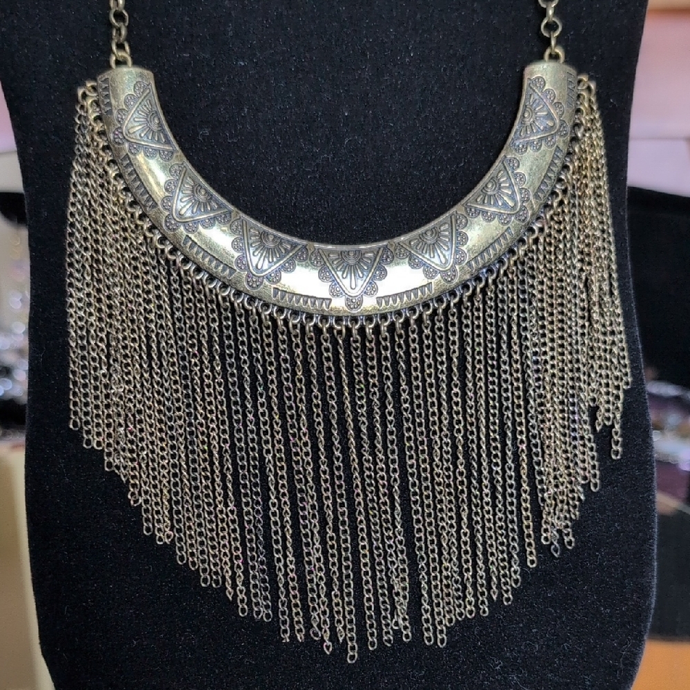 Gold Fringe Statement Necklace